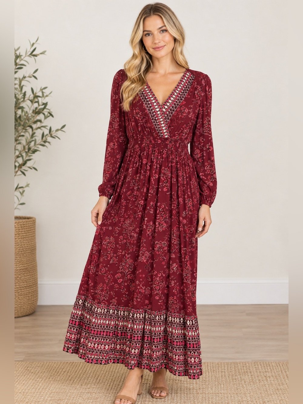 Knox Rose Burgundy Floral V-Neck Maxi Dress Size Large